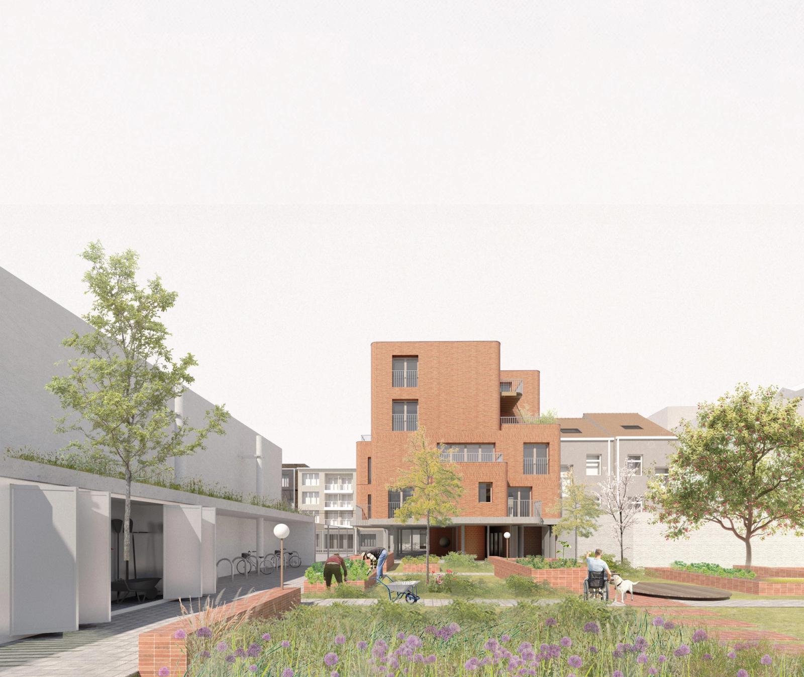 Garden rendering of red brick volumes around a planted court