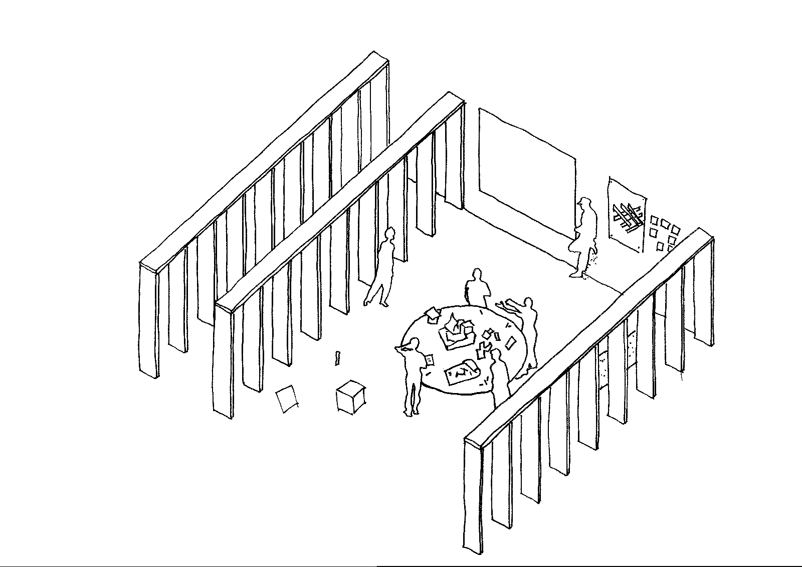 Axonometric diagram of a central gathering around a shared table