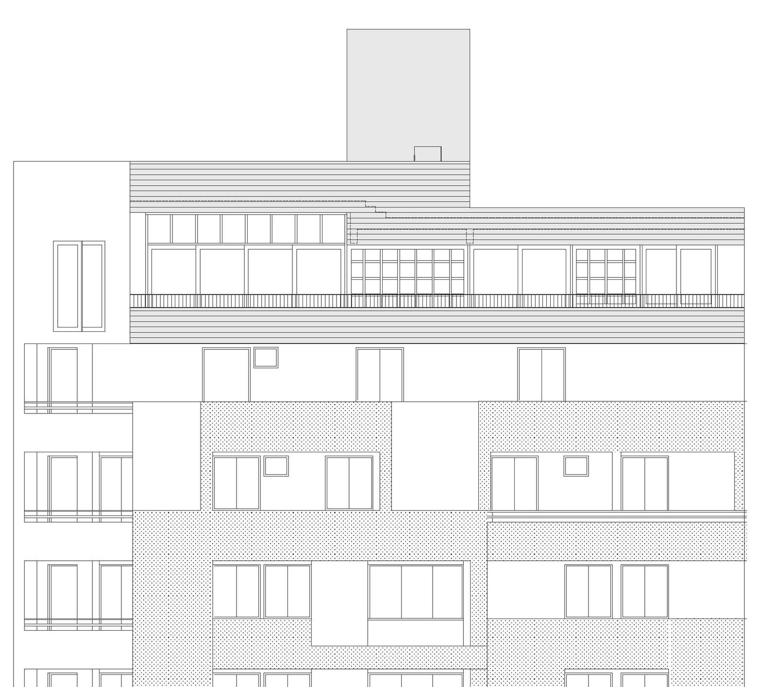 Proposed façade elevation with the rooftop room added to the tower