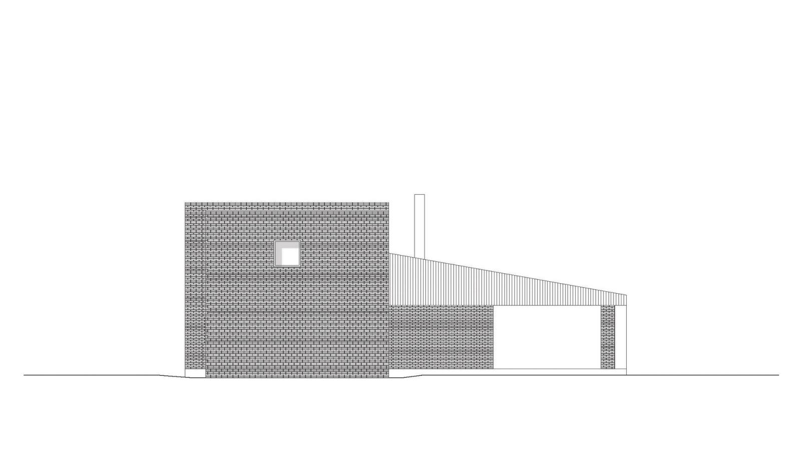 Side elevation of the brick upper volume and sloping lower roof