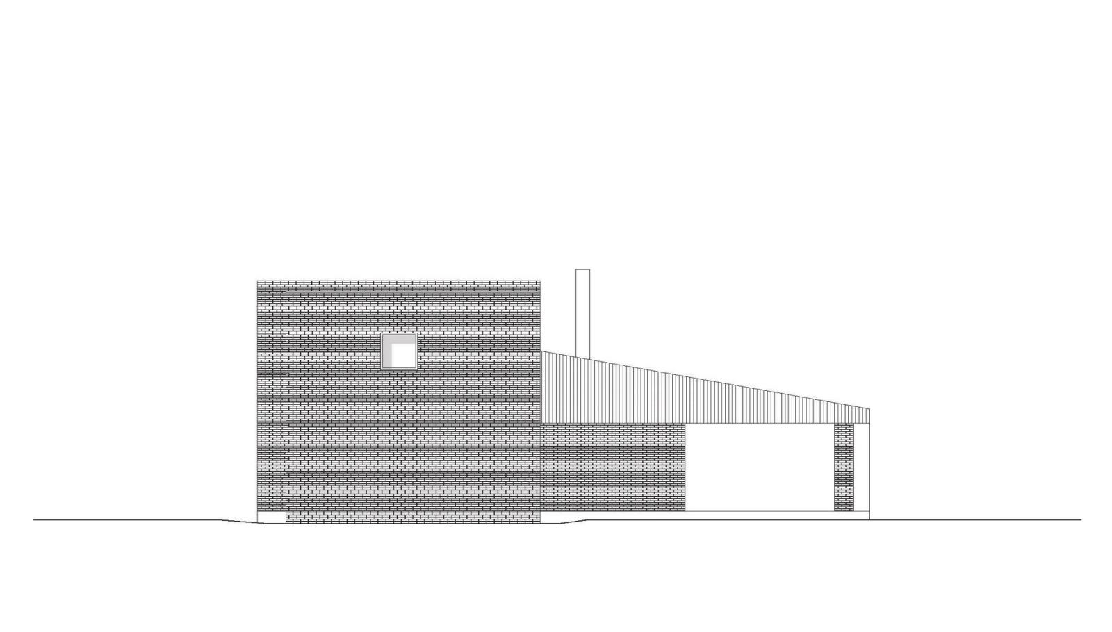 Side elevation of the brick upper volume and sloping lower roof