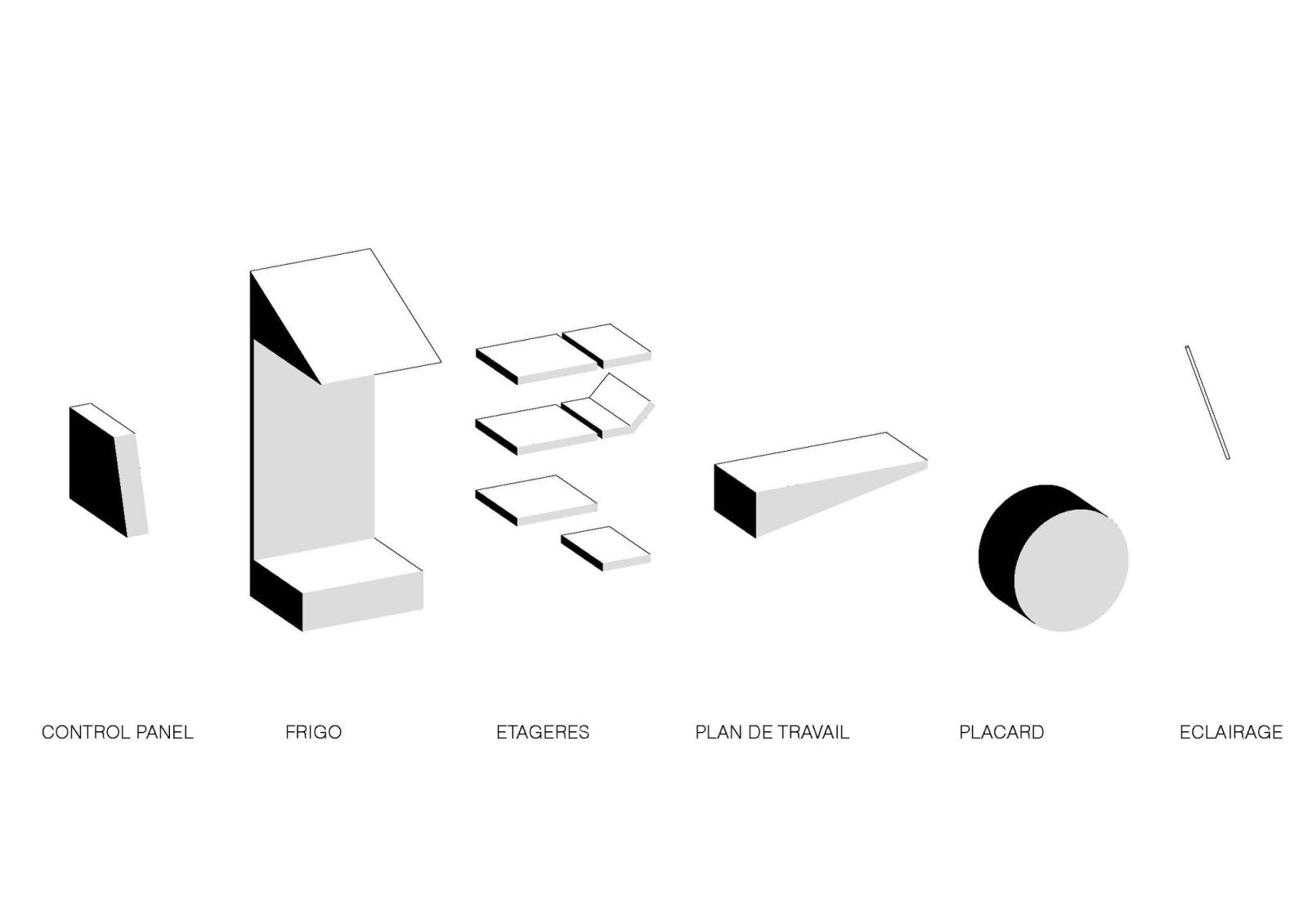 Exploded drawing of the control panel, refrigeration and kiosk casing