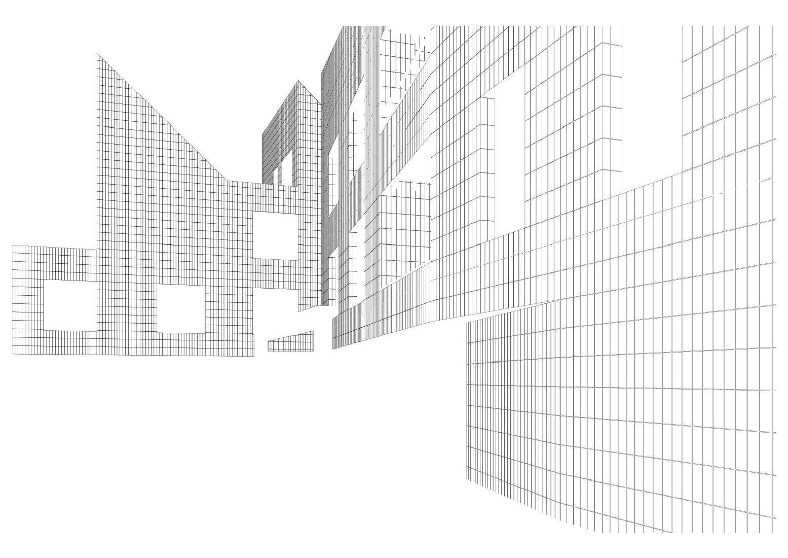 Perspective line drawing along the tiled courtyard façade