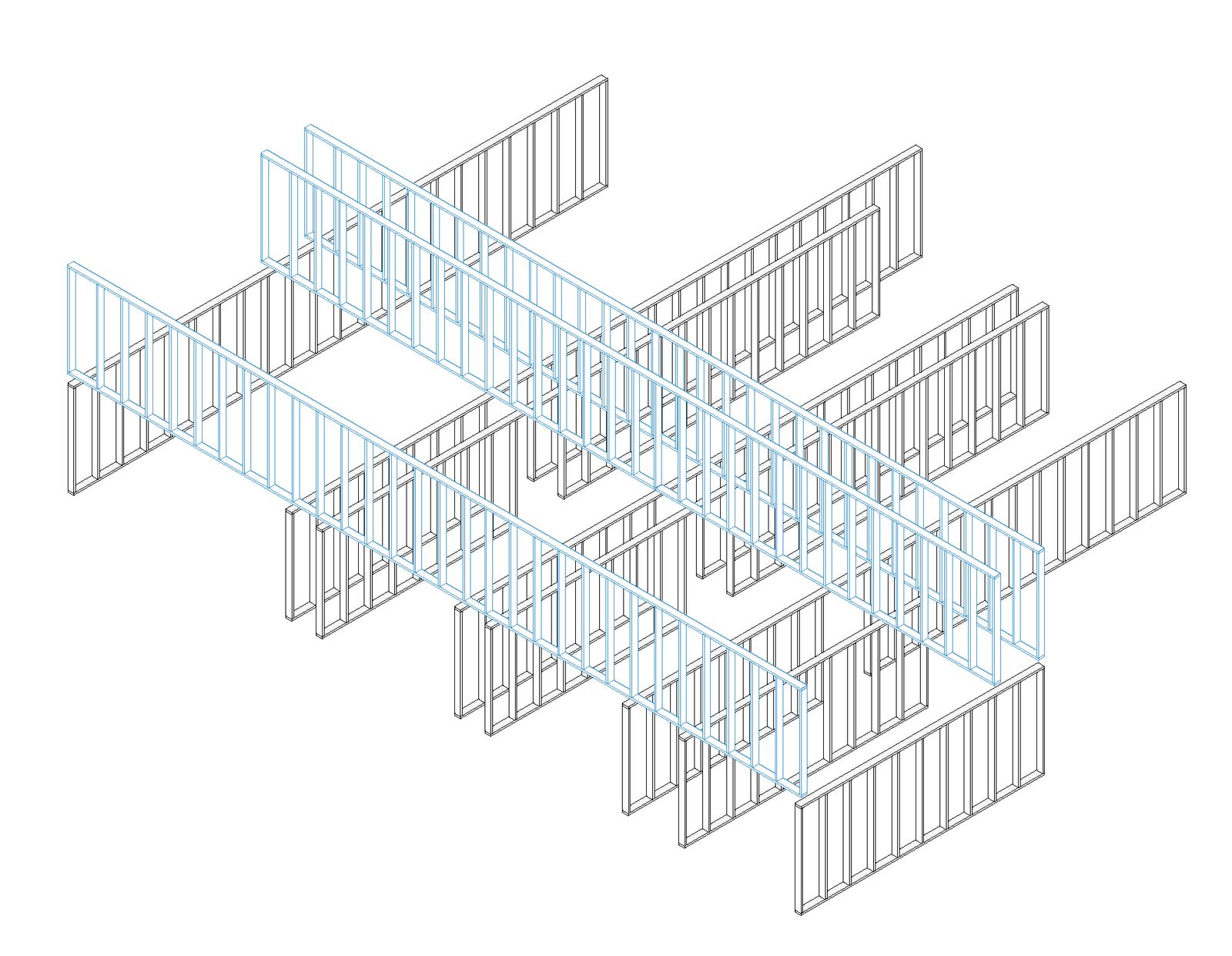 Structural axonometric of intersecting timber portal frames