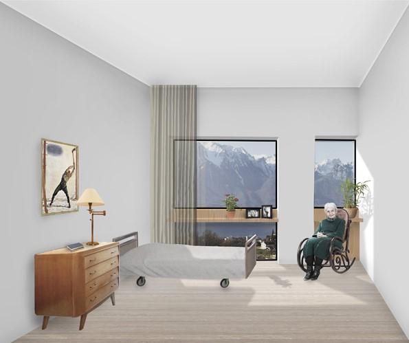Resident bedroom opening to a balcony and distant landscape