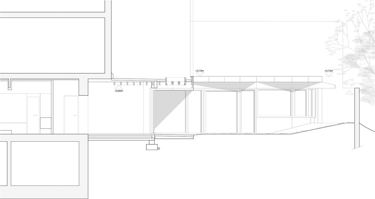 Second section through the low extension and garden boundary
