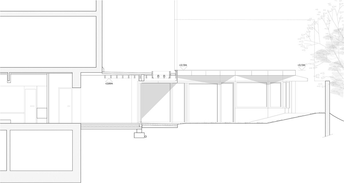 Second section through the low extension and garden boundary