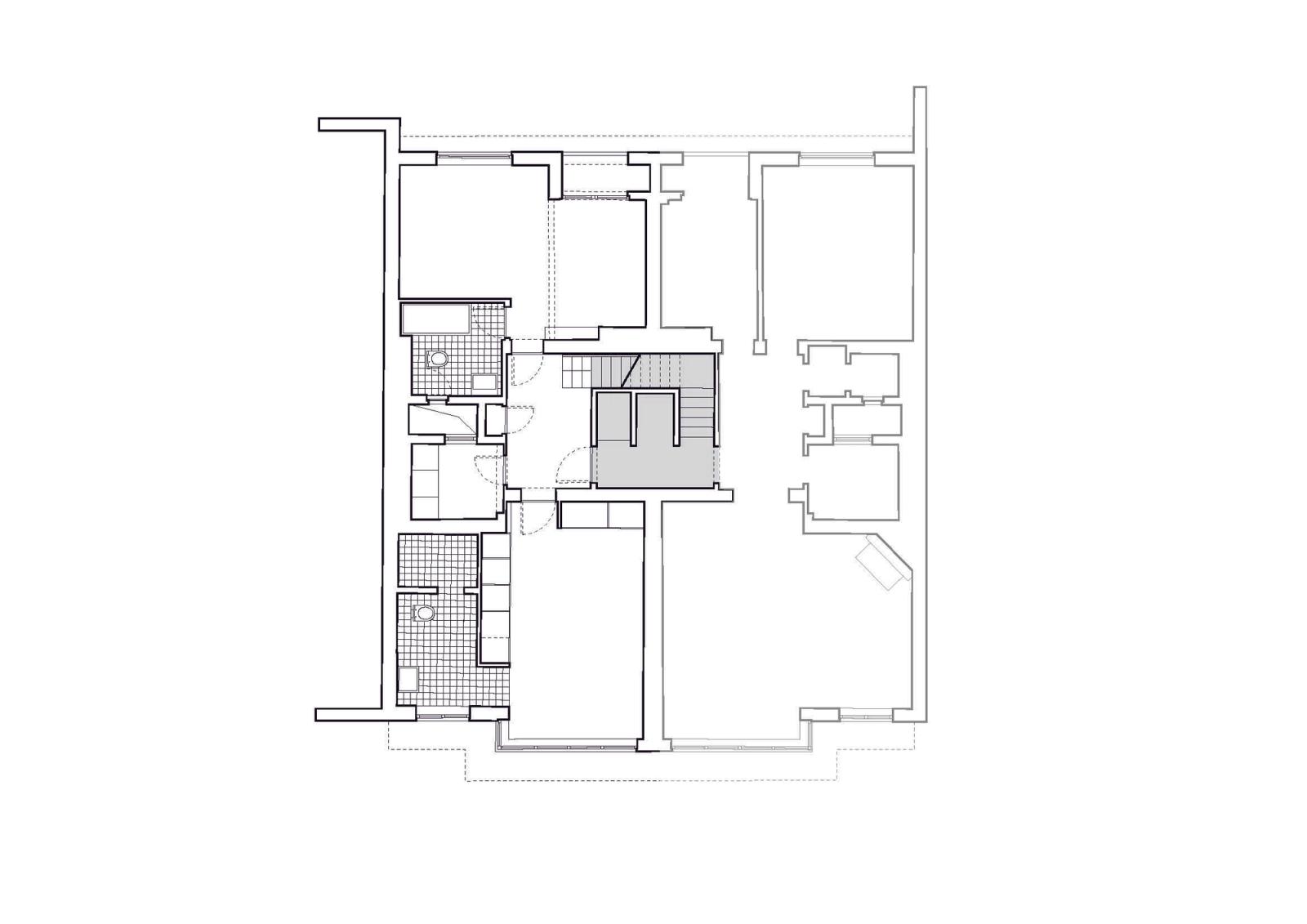Existing apartment plan with the intervention highlighted centrally