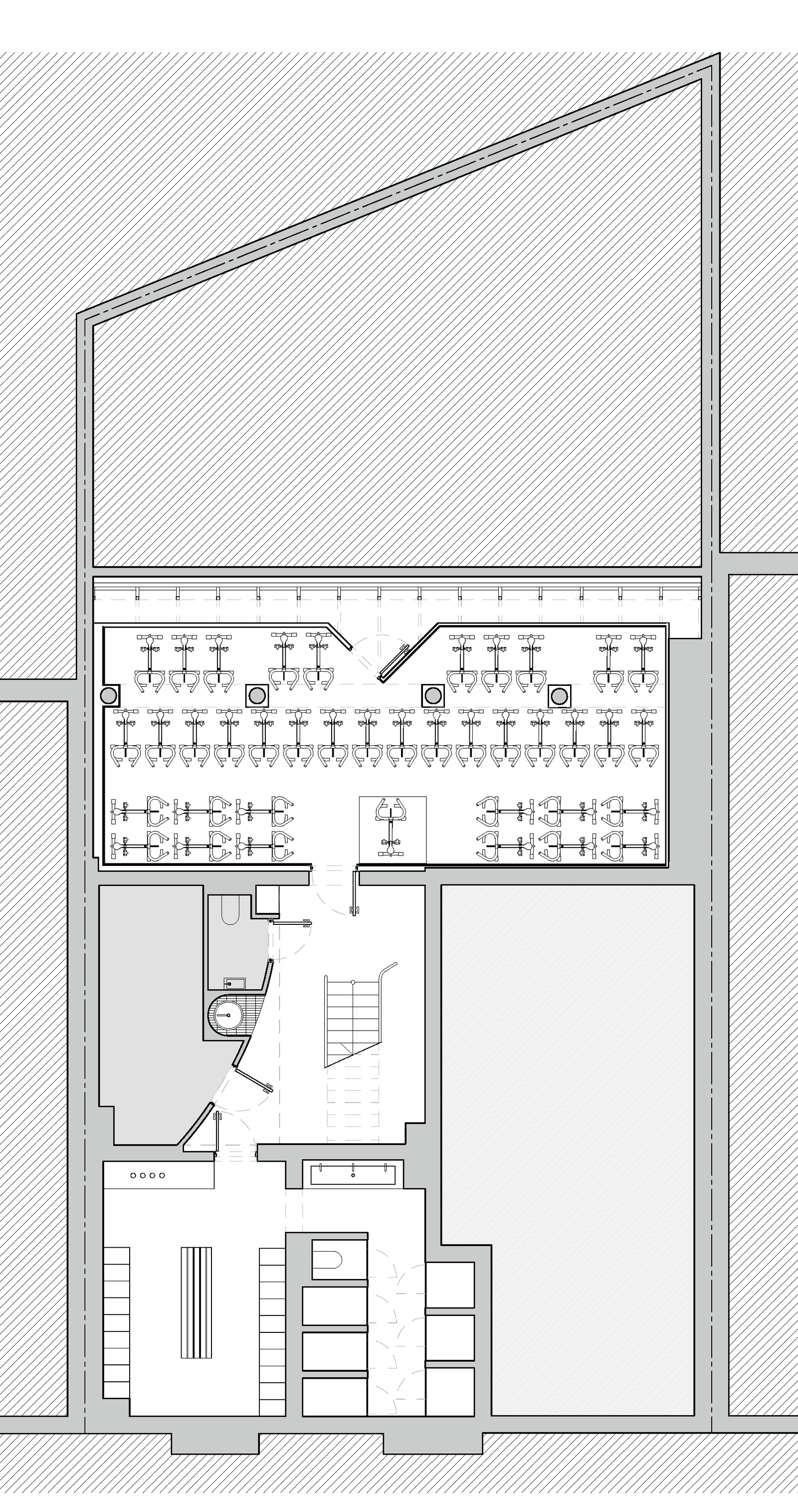 Upper plan of changing rooms and circulation beside the gym