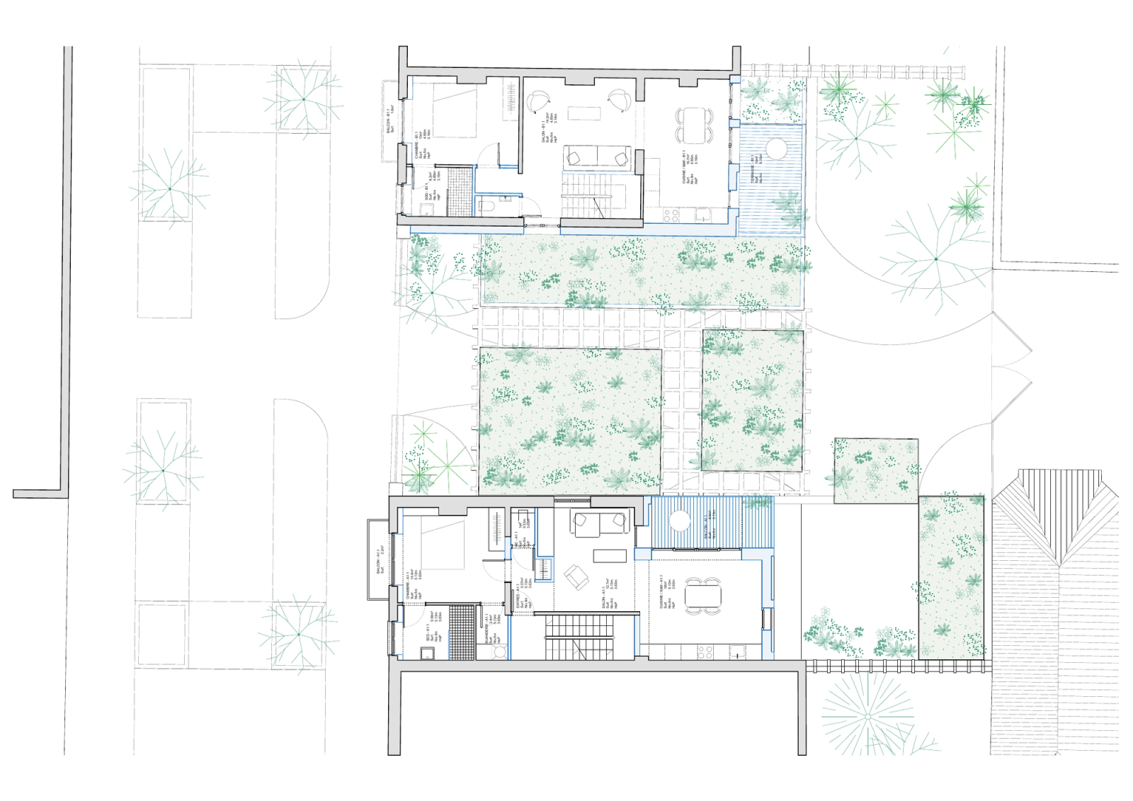 First floor plan showing the homes and terraces.