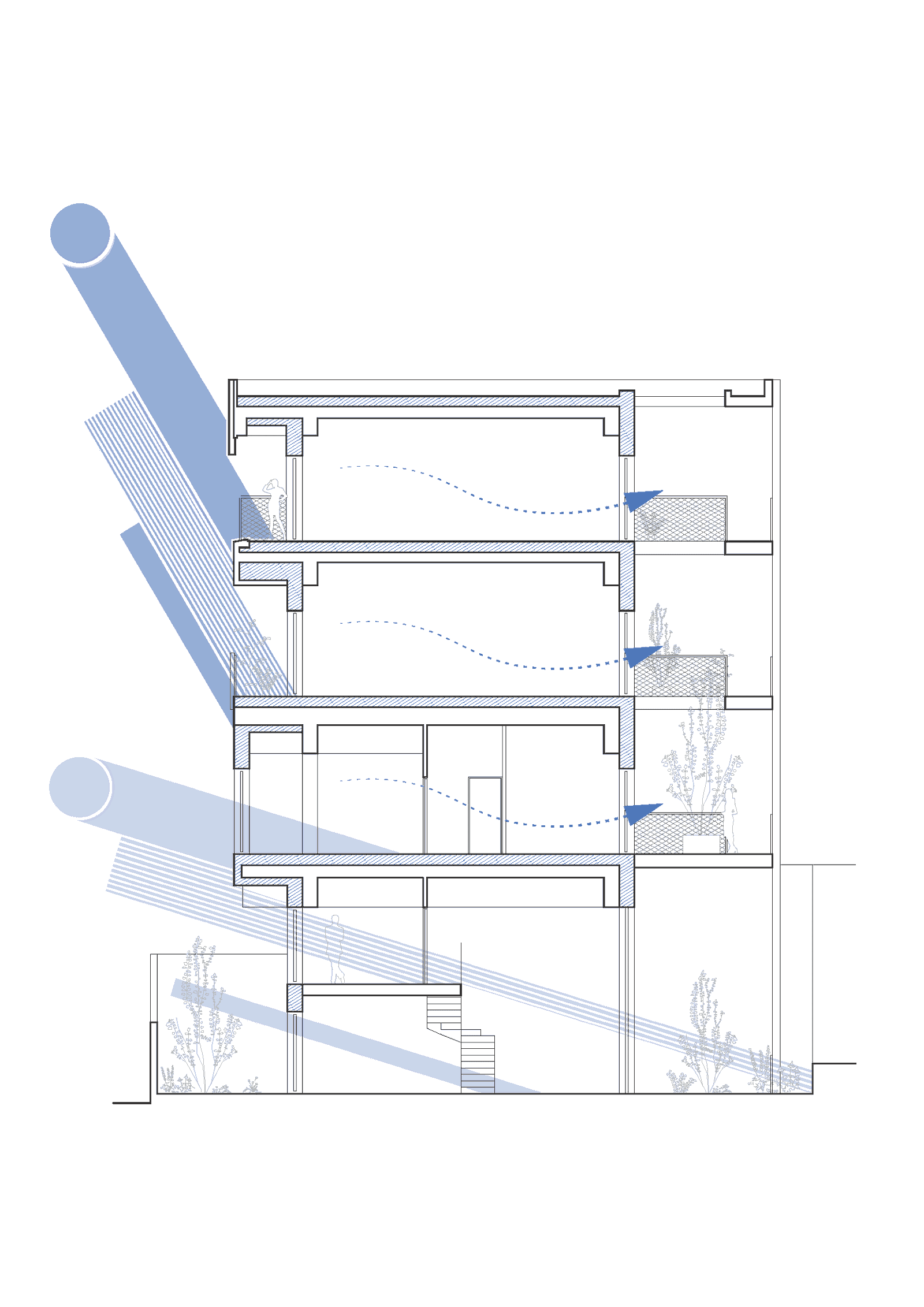 Building section with a blue overlay marking the new intervention