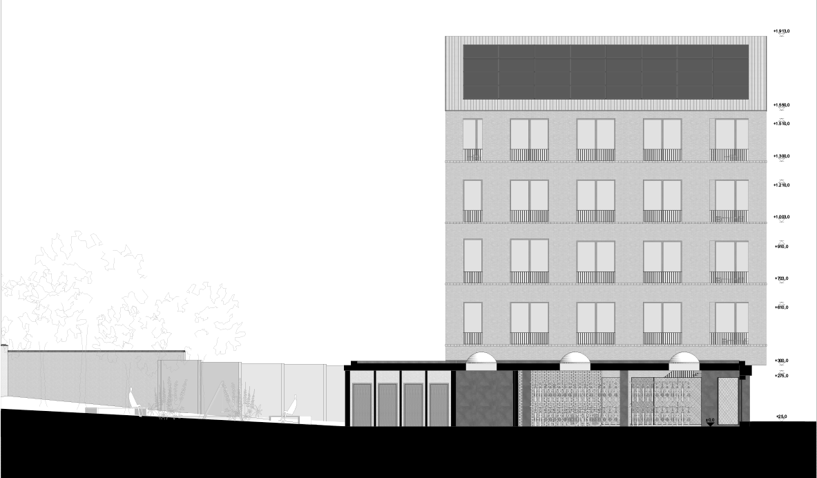 Rear elevation of the apartment building above a low annex