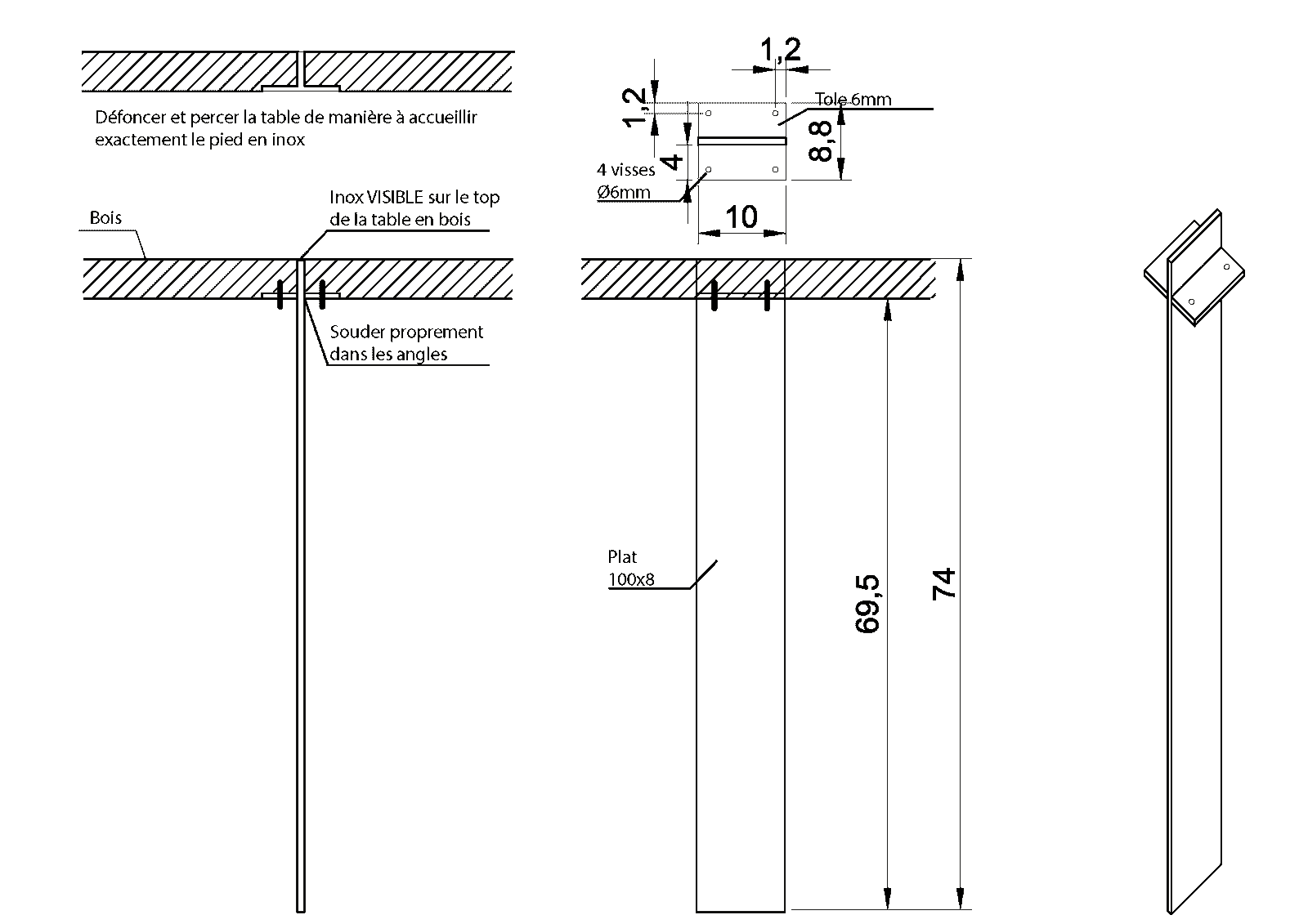 Construction section through the table edge and metal support