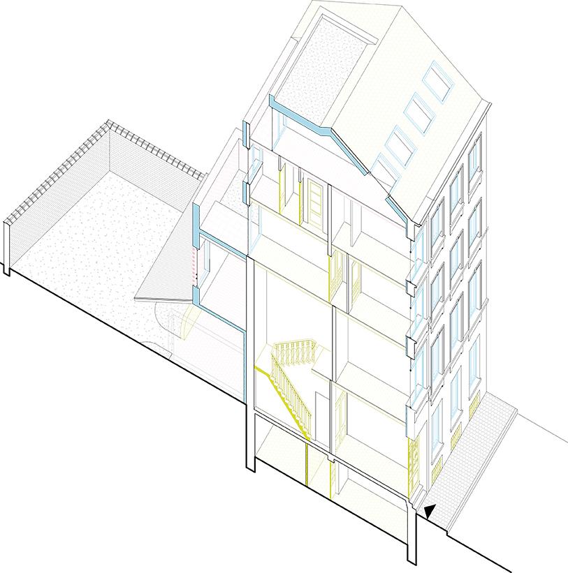 Circulation axonometric rising through a narrow multi-storey building