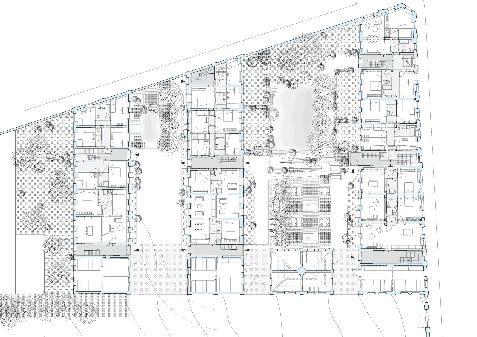 Ground plan of residential wings enclosing landscaped courts