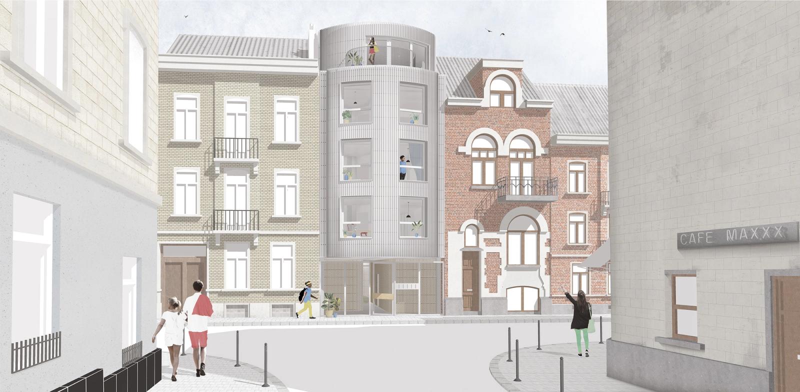 Street rendering of the rounded infill between historic neighbors