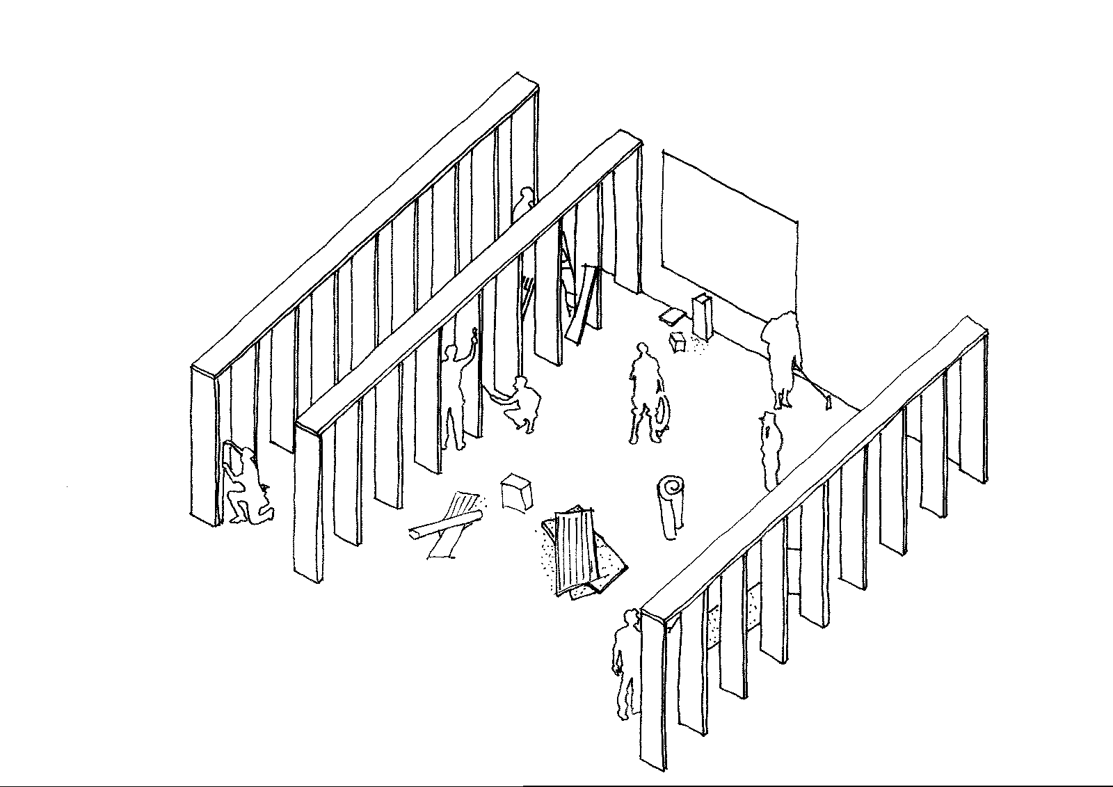 Axonometric diagram of dispersed workstations between structural bays