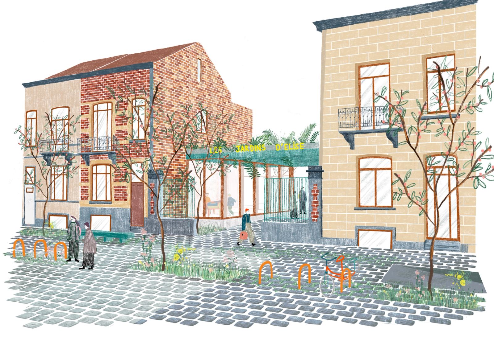 Street view of the planted school entrance between two existing buildings.