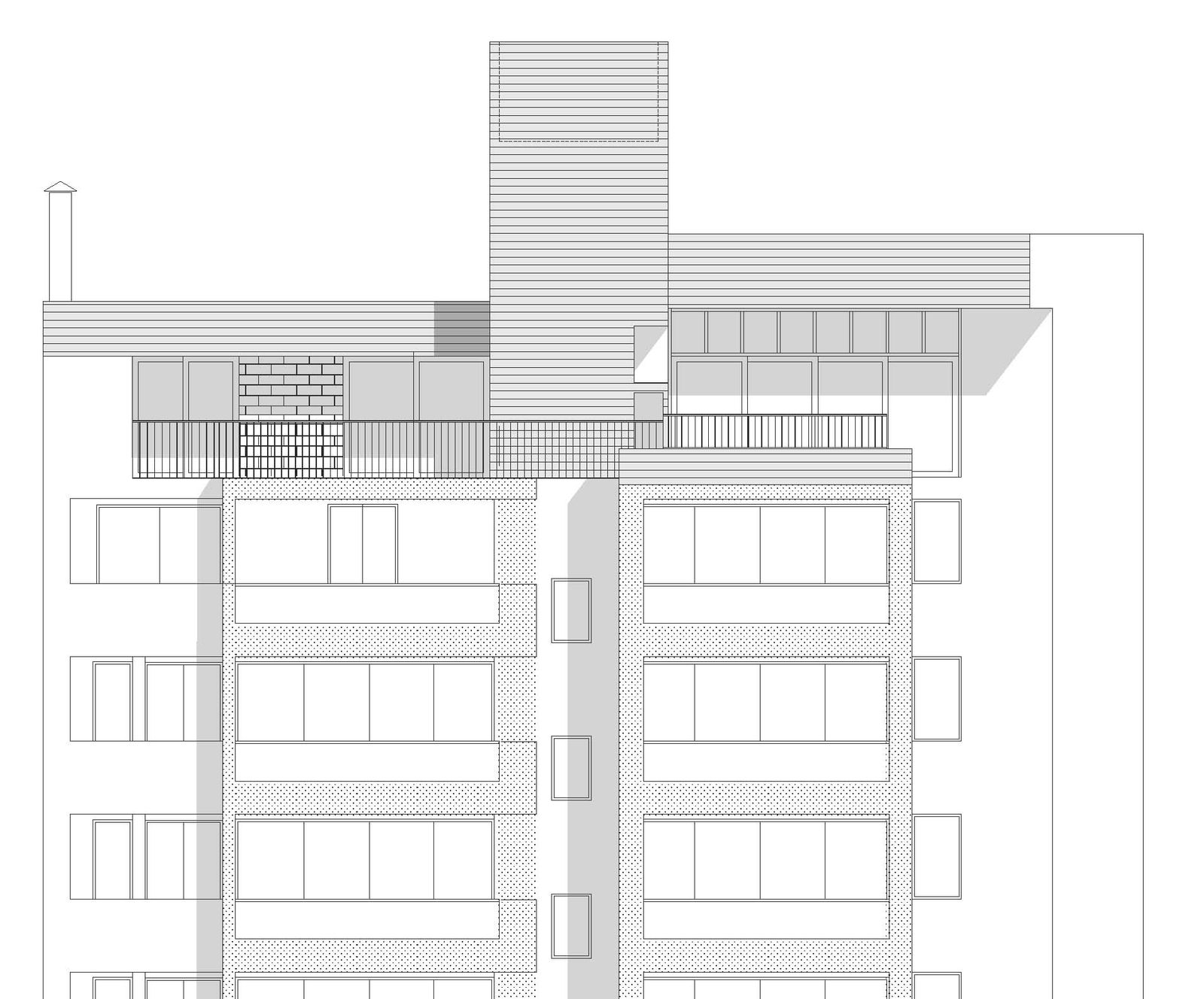 Elevation of the existing tower and surrounding apartment façades