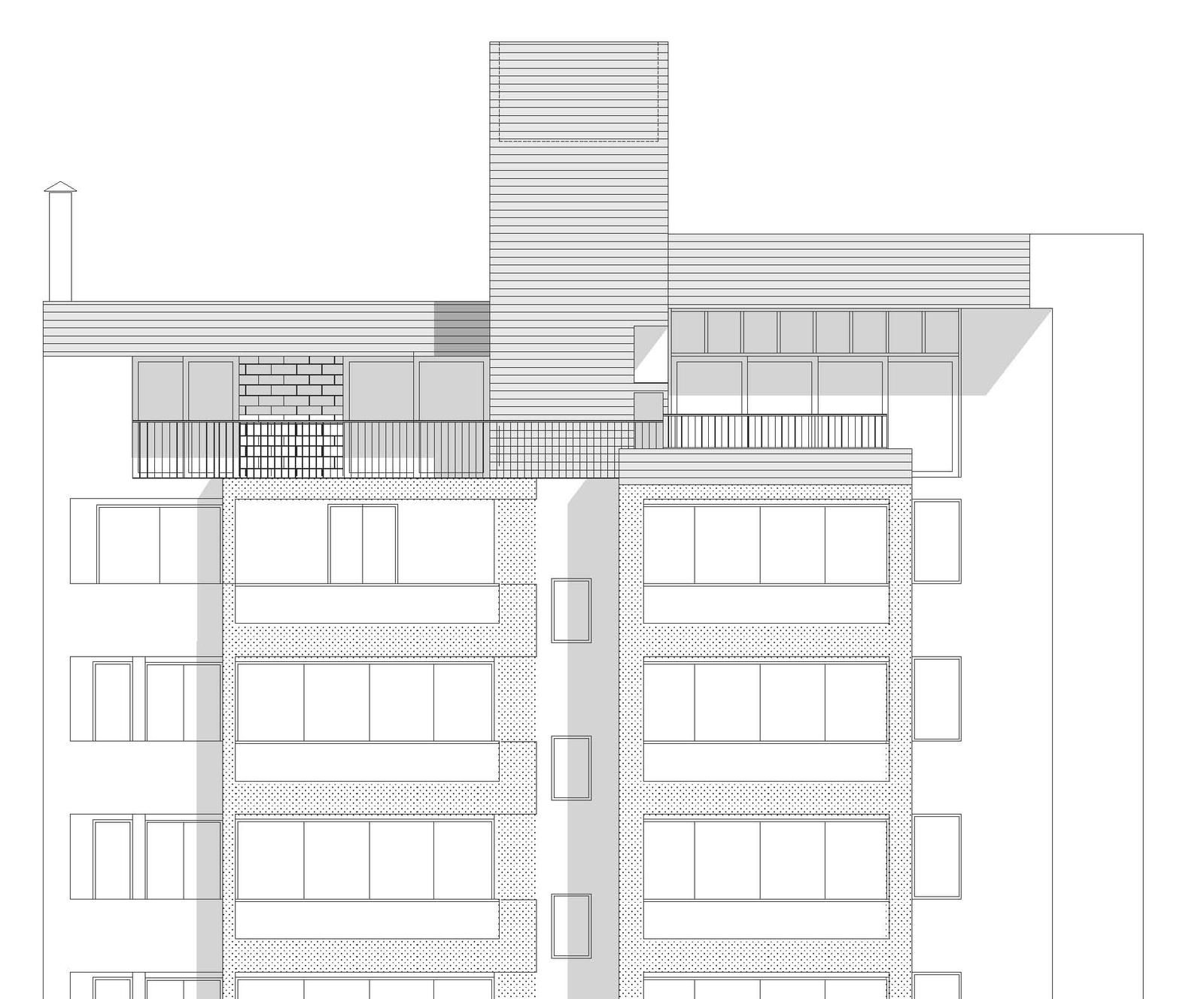 Elevation of the existing tower and surrounding apartment façades