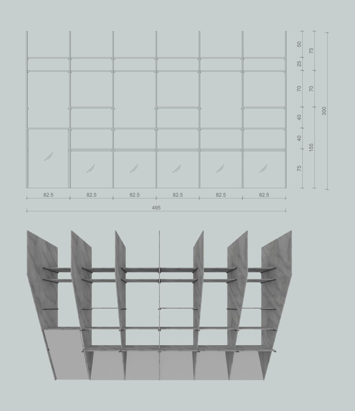 Elevation and axonometric of an angled modular shelving grid