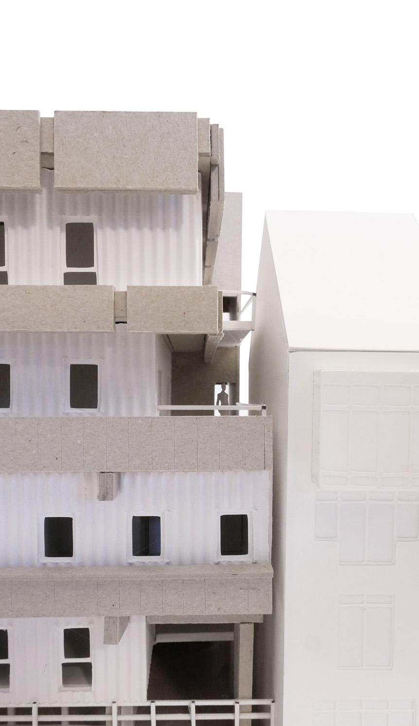 Physical façade model with added terraces on an existing block