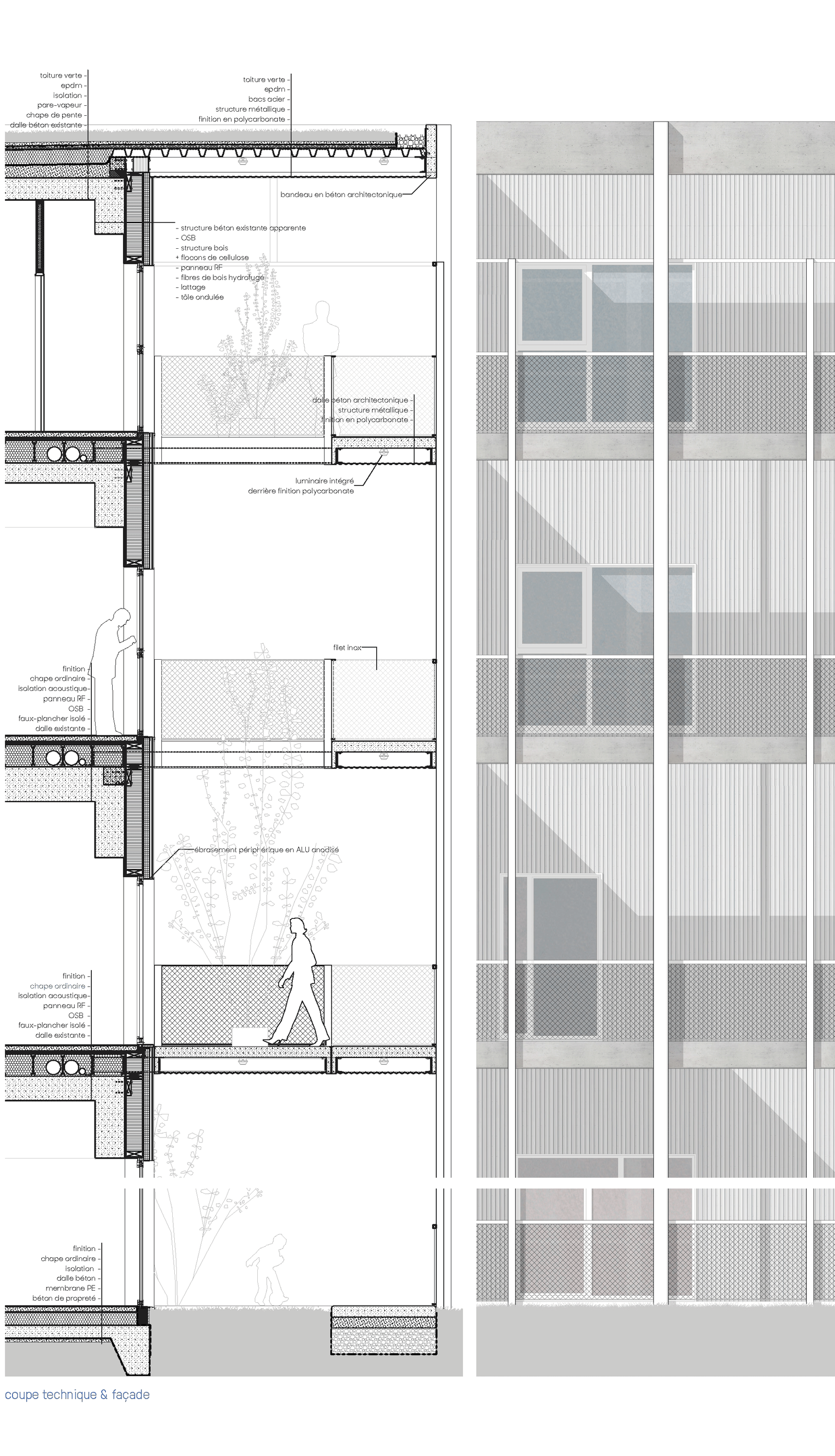 Building section through deep façades and inhabited terraces
