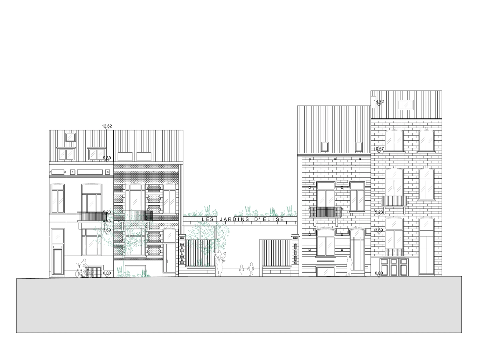 Street elevation showing the buildings and school entrance.