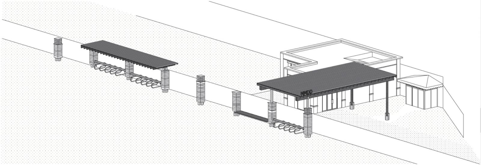 Axonometric of a linear covered platform extending across a sloping site