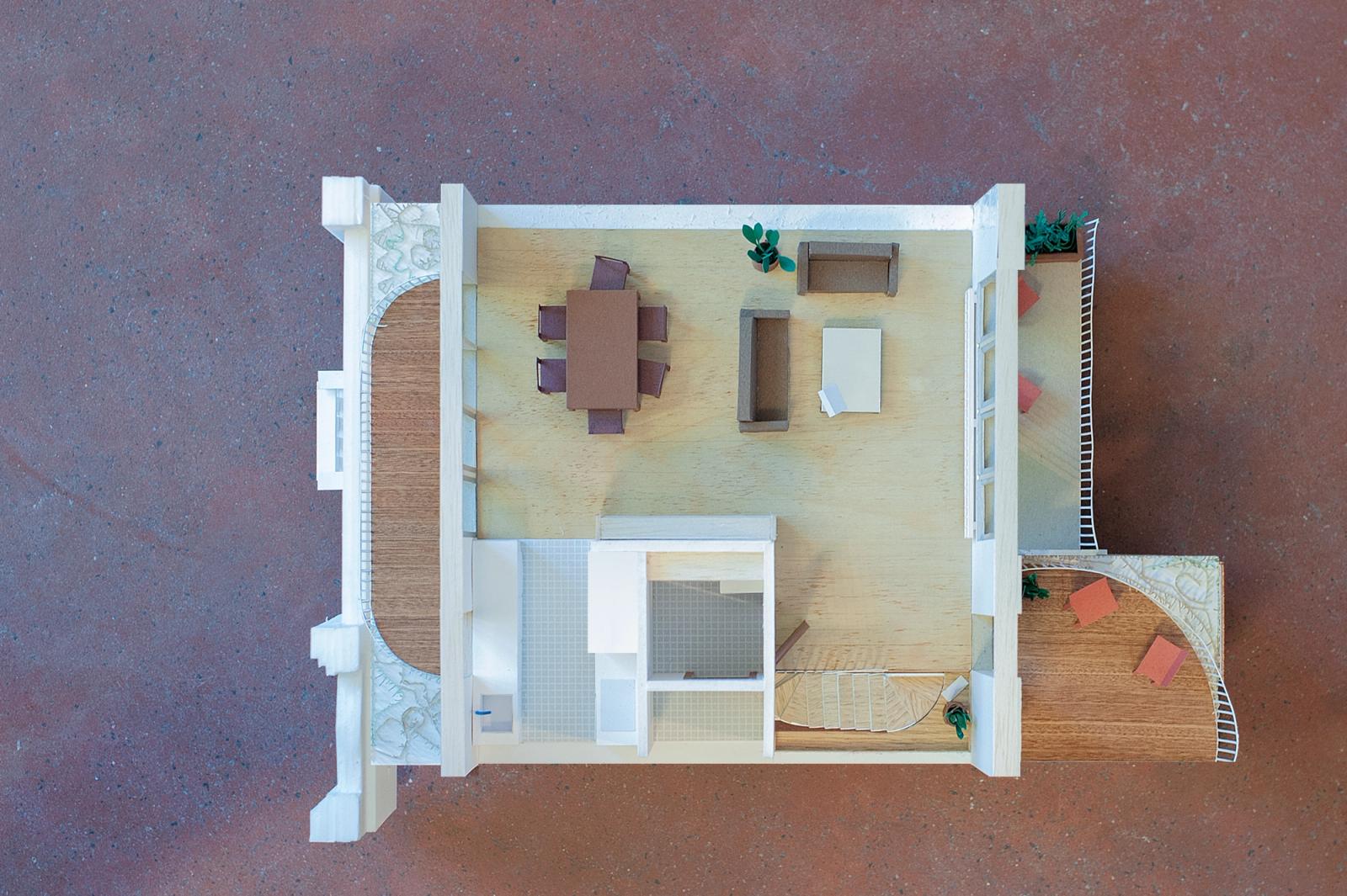 Top view of a furnished living room in the apartment model