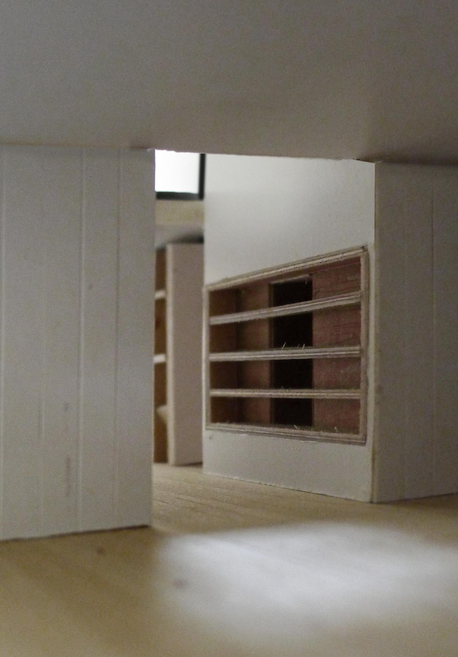 Unfinished white interior with recessed timber shelving