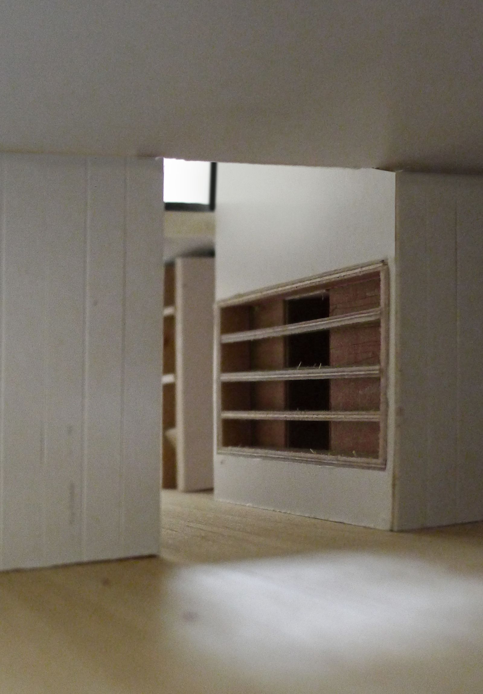 Unfinished white interior with recessed timber shelving