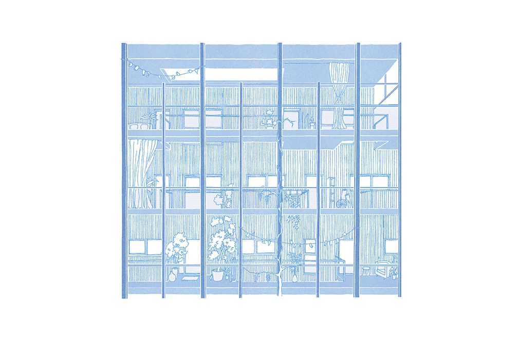 Blue elevation drawing of the full glazed structural façade