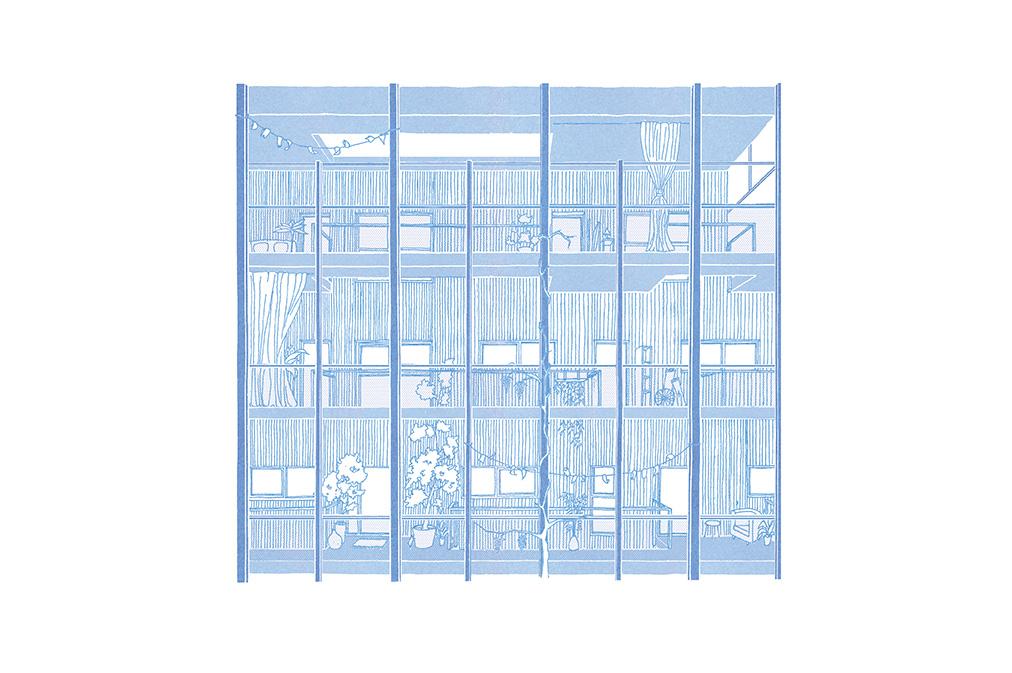 Blue elevation drawing of the full glazed structural façade