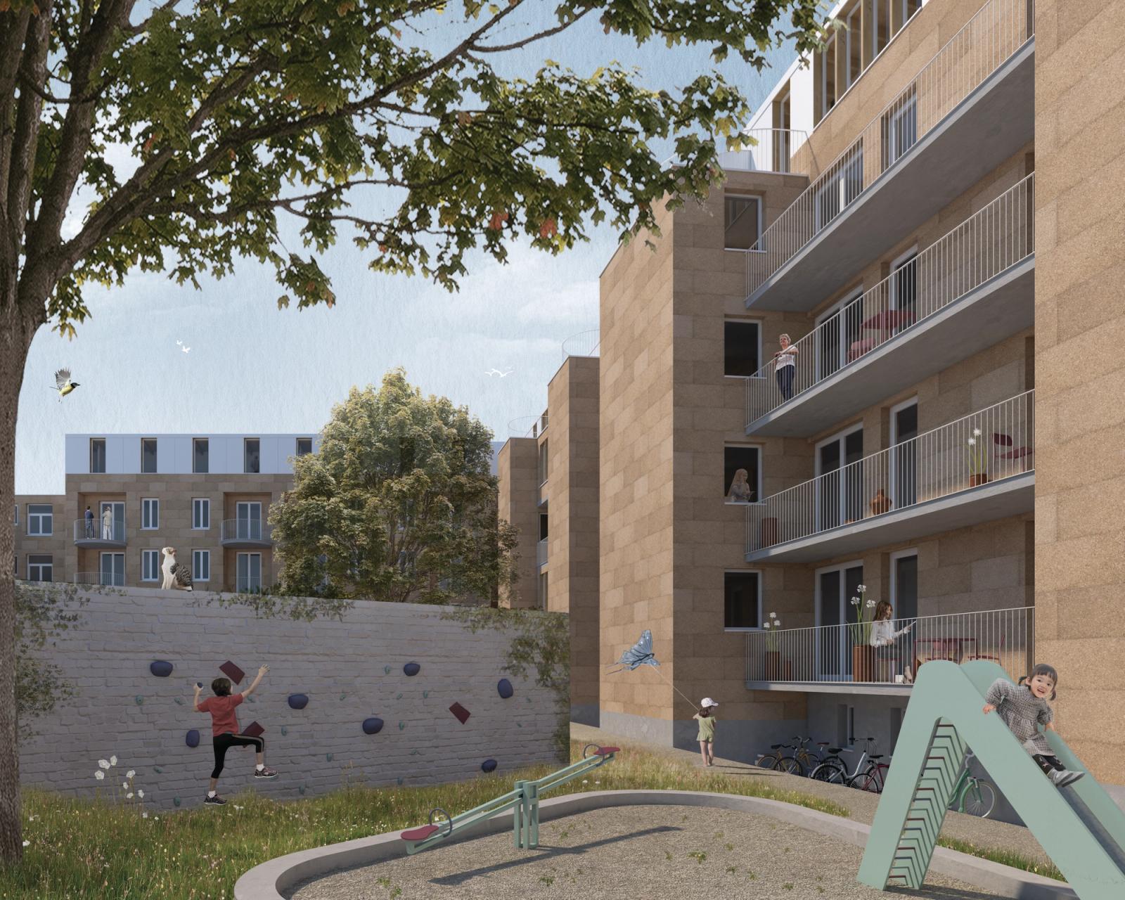 Garden play space between brick housing blocks and balconies