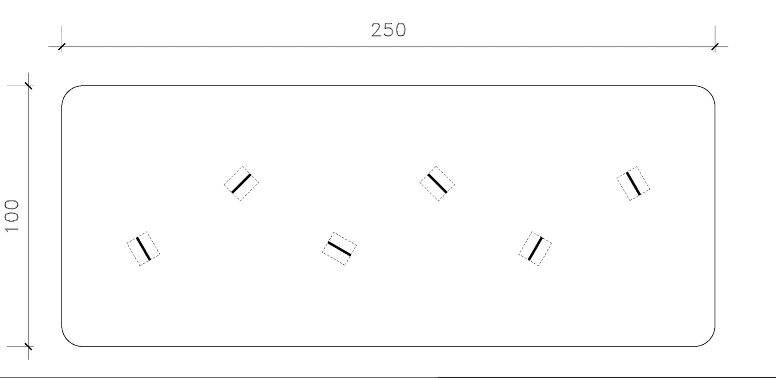 Plan of a rounded timber tabletop with diagonal slots