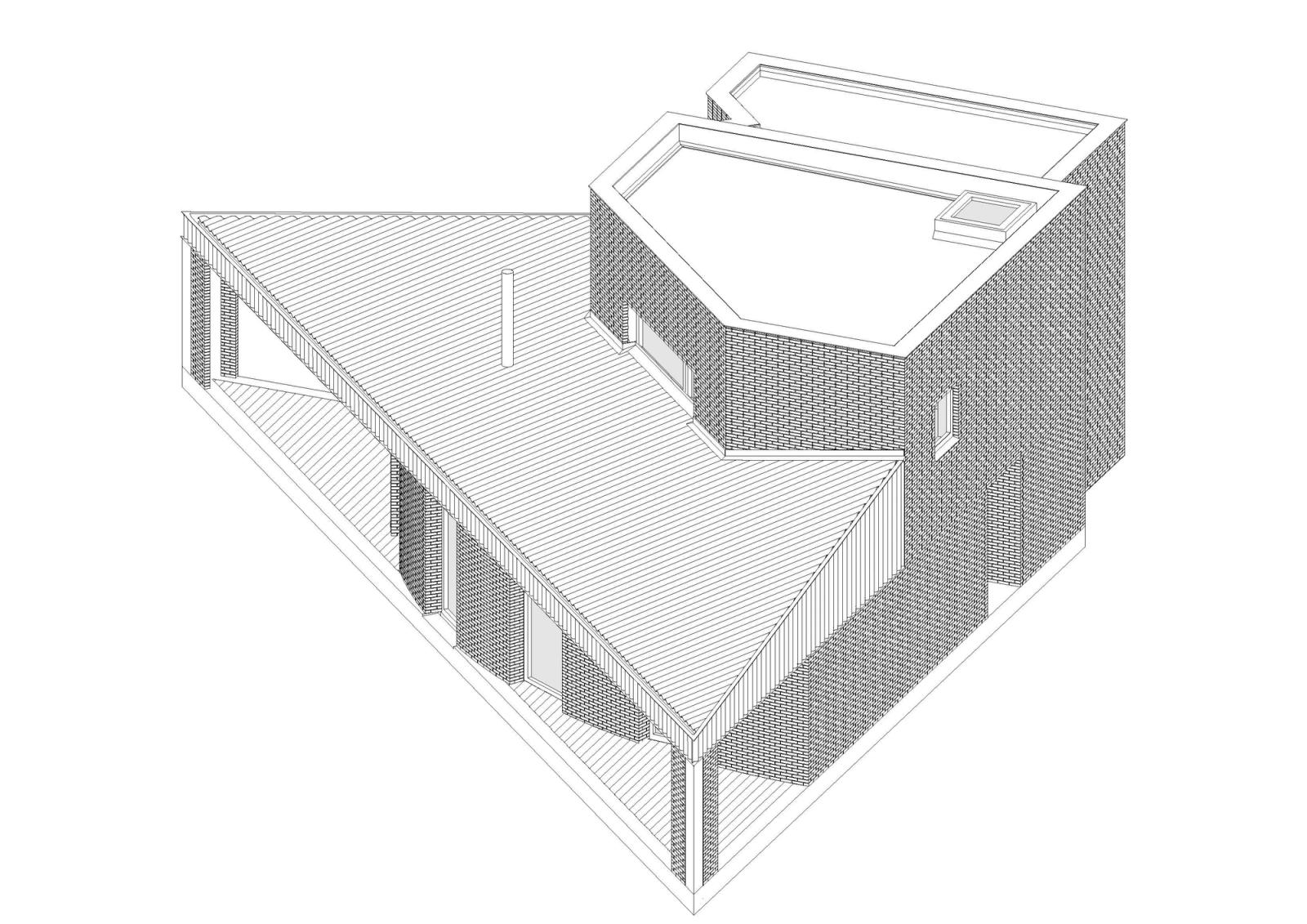 Axonometric of the low angular house wrapped around a courtyard
