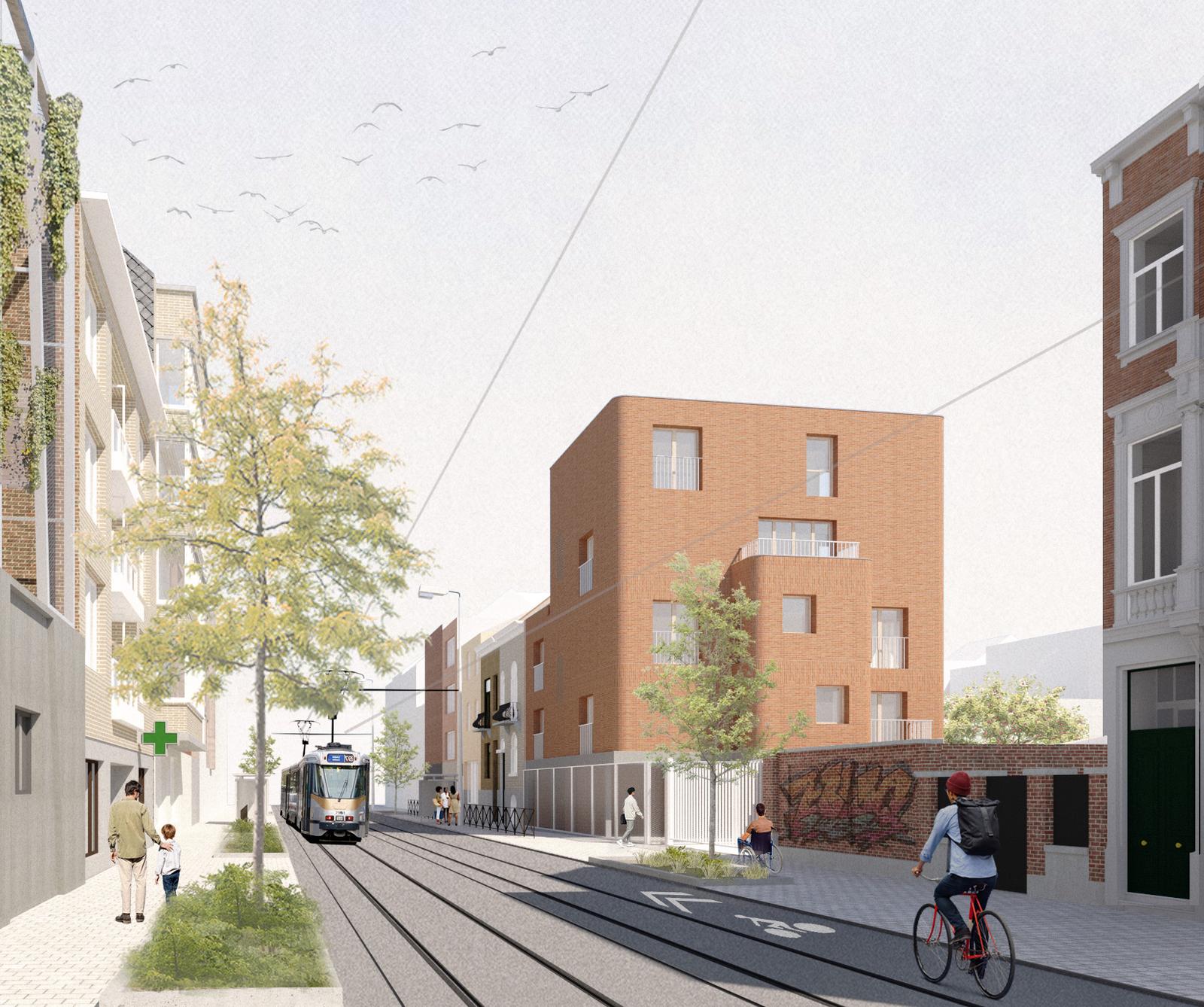 Street rendering of the warm brick housing block