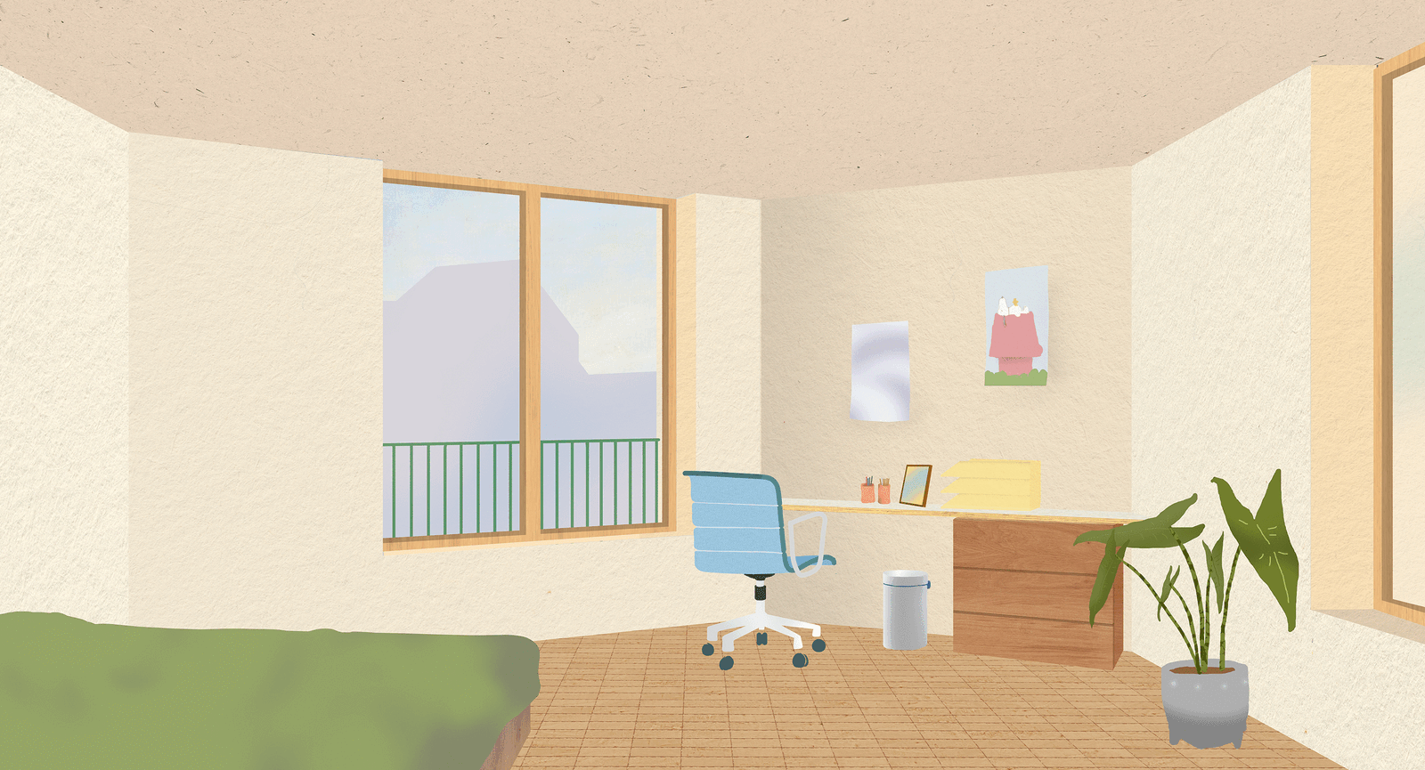 Apartment living room with shelving, desk and balcony doors