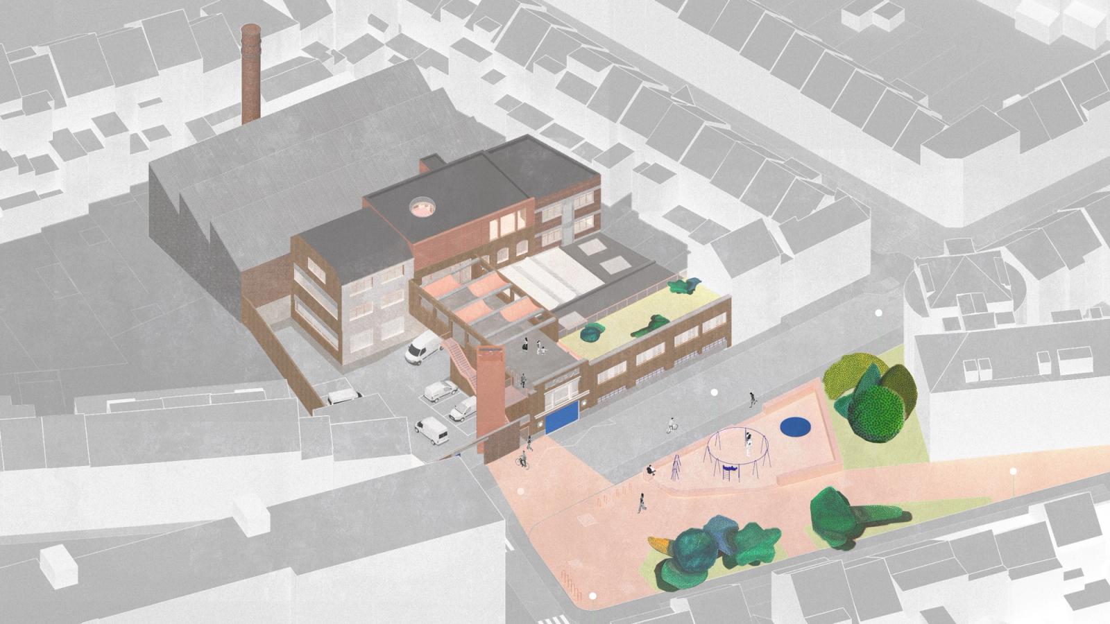 Colored site axonometric of the school, courtyards and public landscape