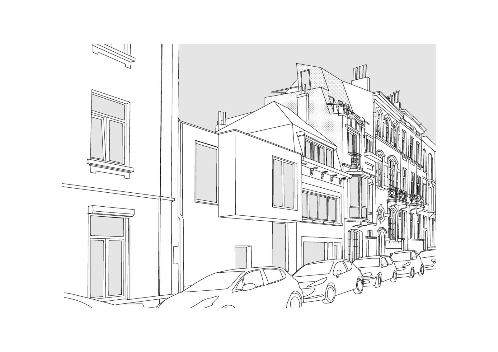Street axonometric showing the roof extension within the terrace