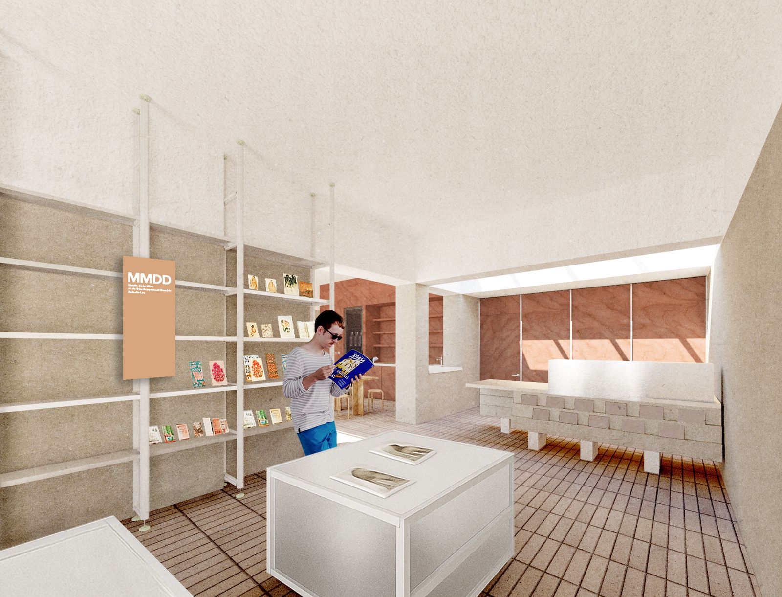 School library with perimeter shelving and a broad interior window
