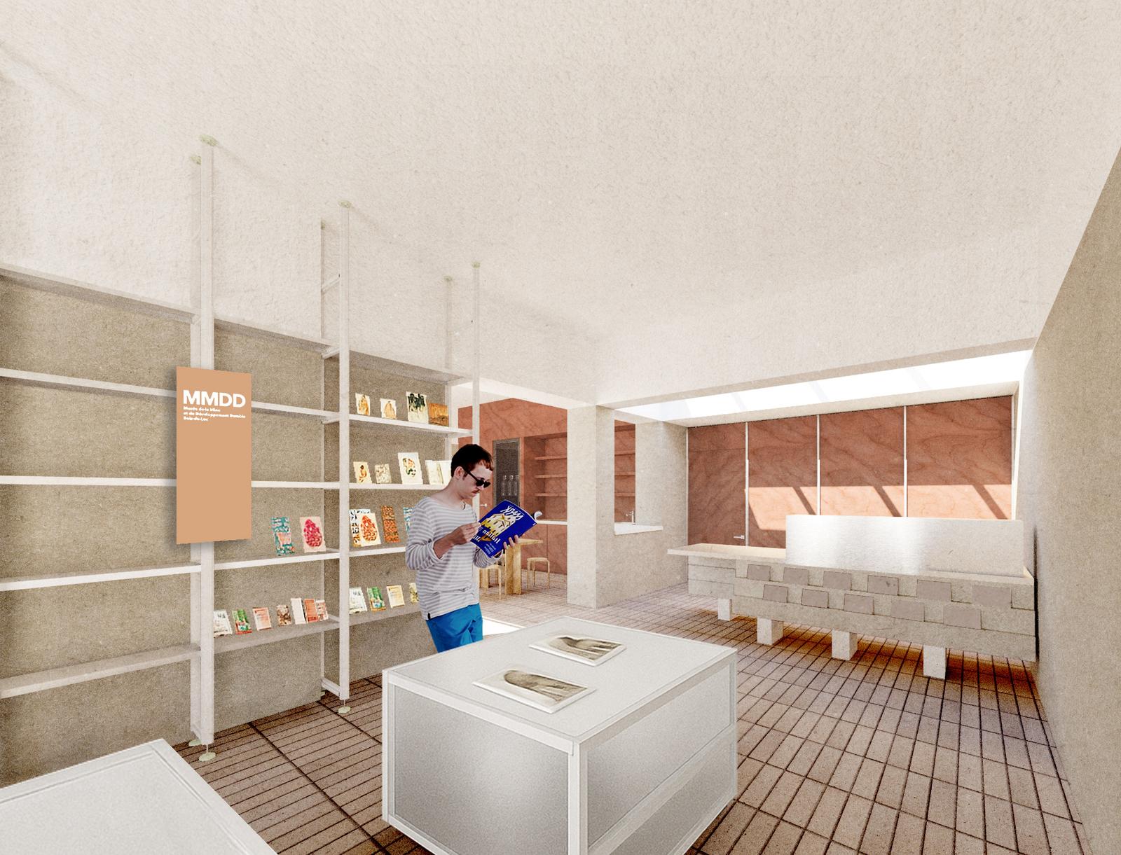School library with perimeter shelving and a broad interior window