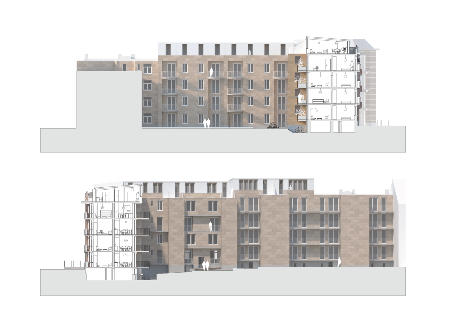 Paired sections and elevations combining photographs with linework