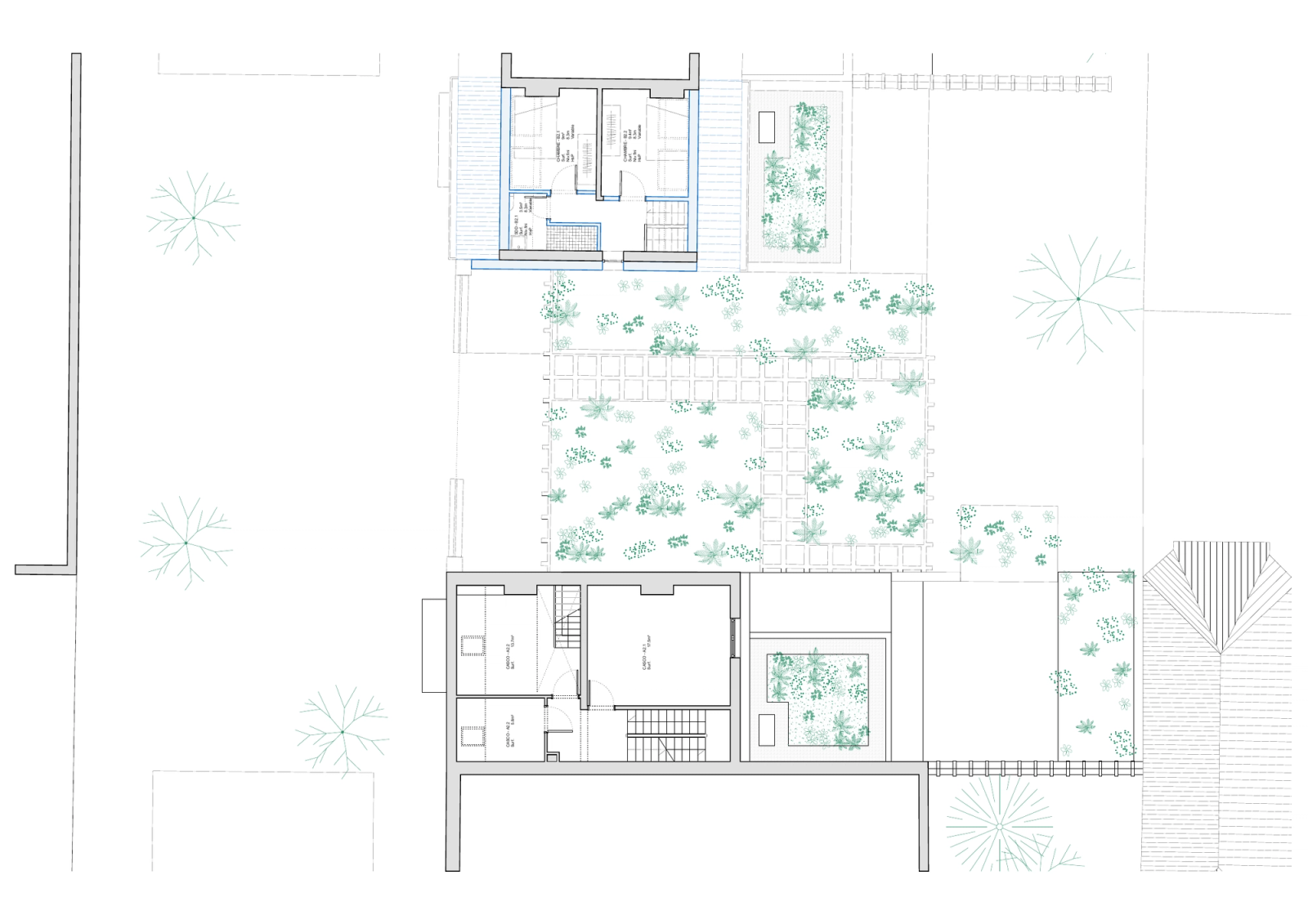 Second floor plan showing the spaces beneath the roofs.