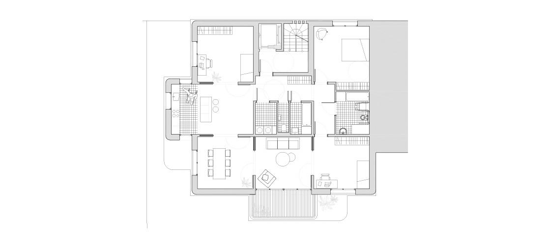 Second-floor plan of apartments and shared circulation