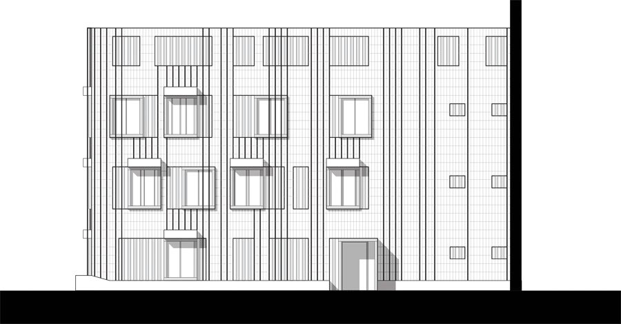 Elevation drawing of the planted façade and irregular window grid
