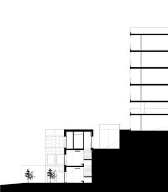Cross-section linking the low building to a taller vertical volume