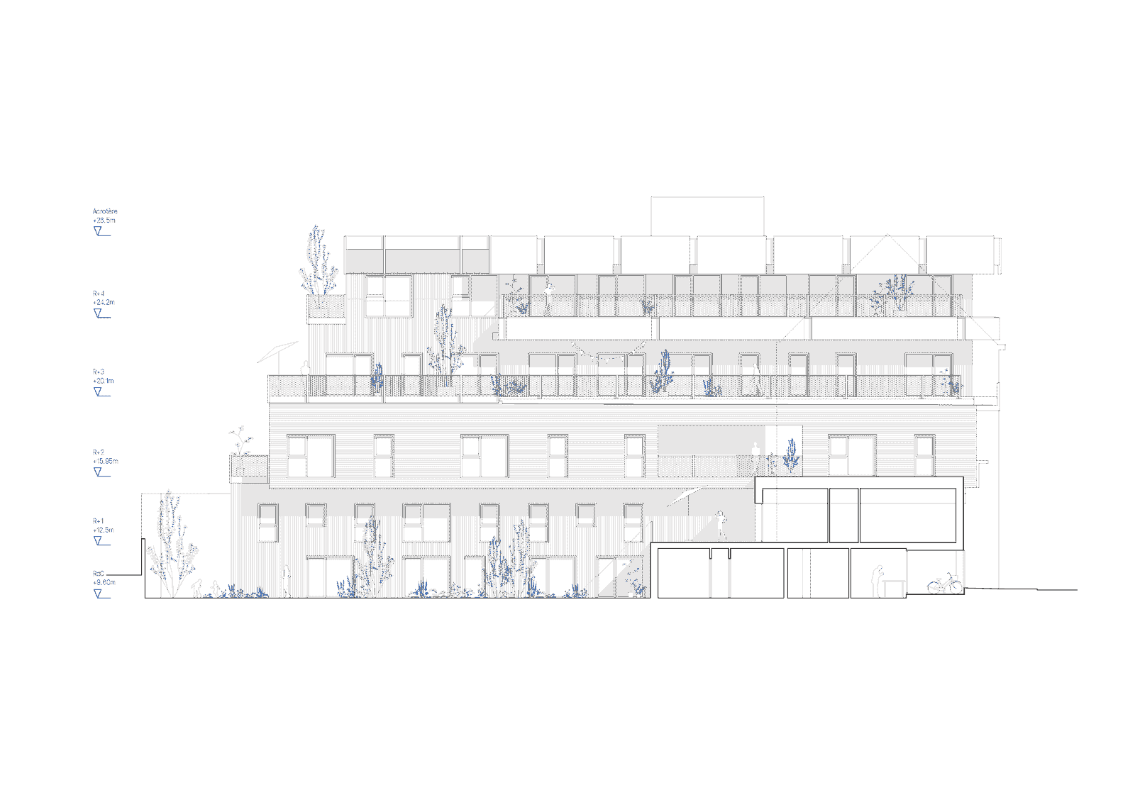 Long rear elevation combining masonry floors and a glazed ground level
