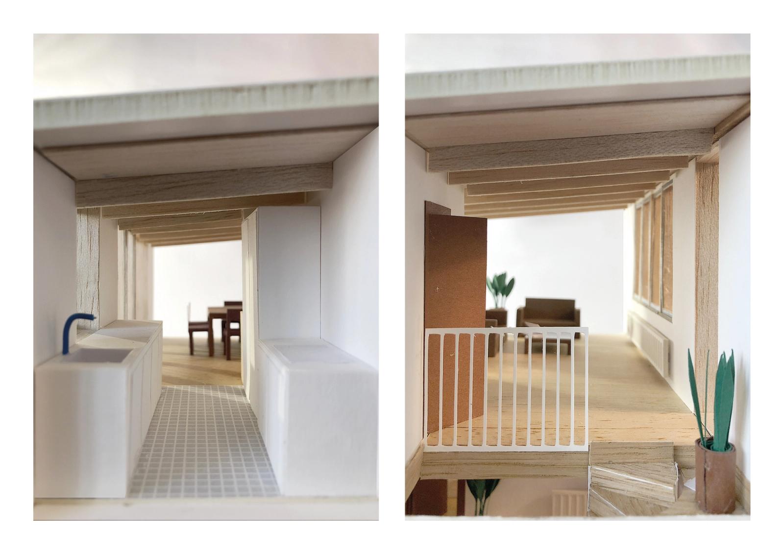 Model diptych showing a long living space and terrace threshold